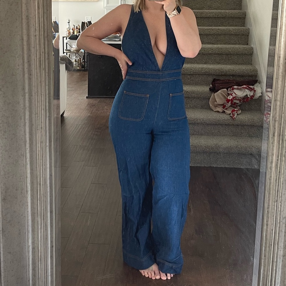 Denim jumpsuit 70’s style sexy cross back bell bottom